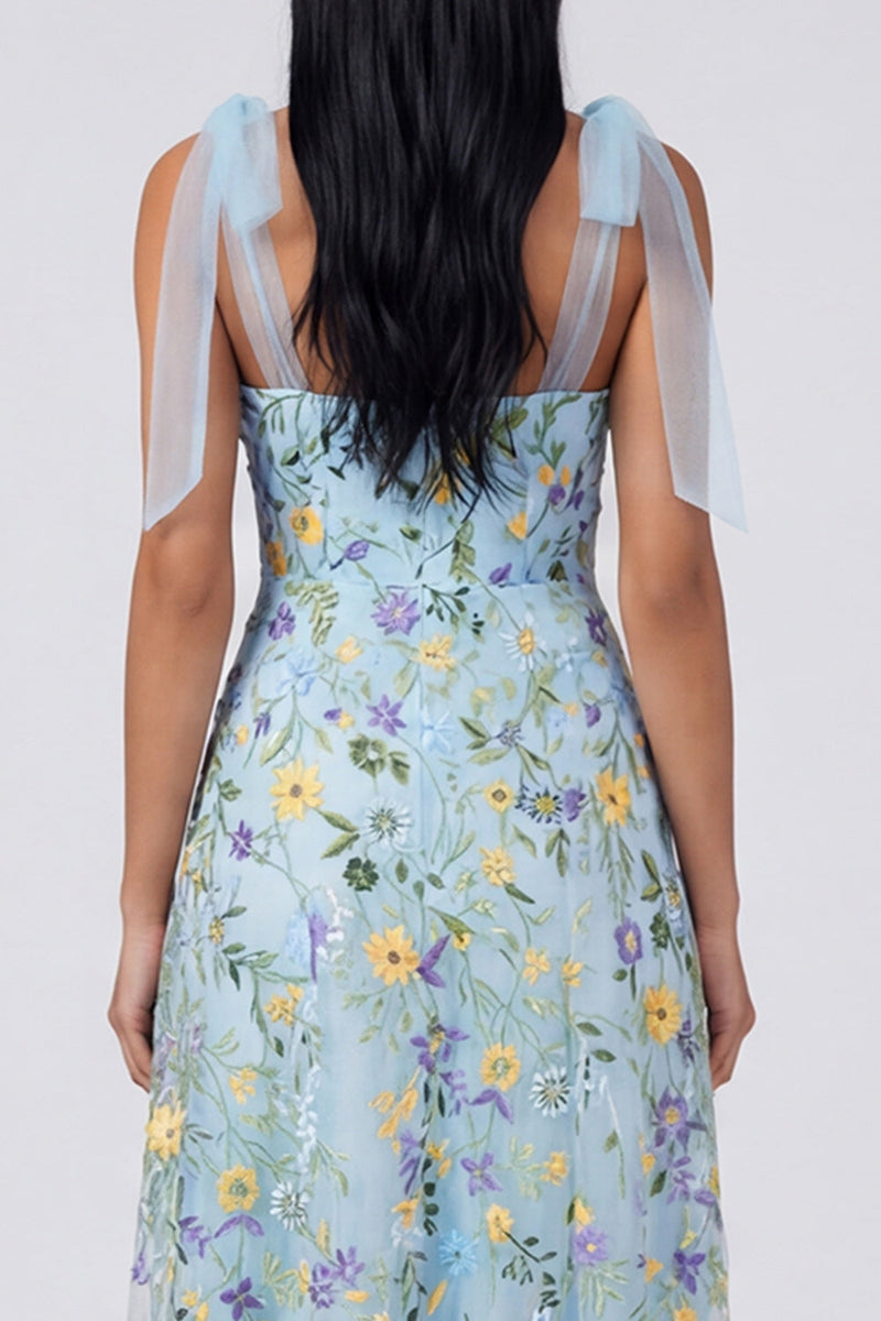 Load image into Gallery viewer, Blue Flower A Line Long Corset Formal Dress with Bows