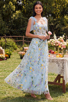 Load image into Gallery viewer, Blue Flower A Line Long Corset Formal Dress with Bows