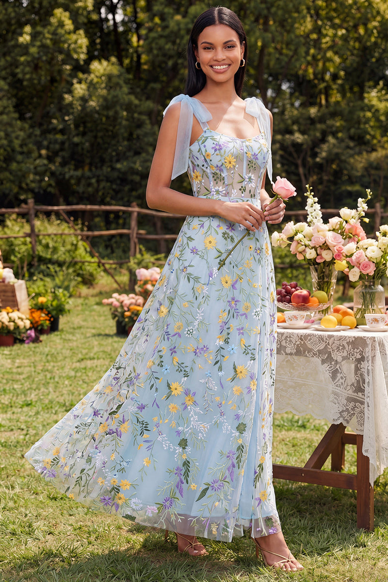 Load image into Gallery viewer, Blue Flower A Line Long Corset Formal Dress with Bows