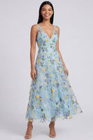 Load image into Gallery viewer, Blue Flower V-Neck A Line Maxi Formal Dress