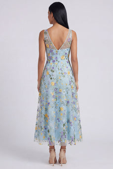 Blue Flower V-Neck A Line Maxi Formal Dress