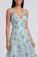 Load image into Gallery viewer, Blue Flower V-Neck A Line Maxi Formal Dress