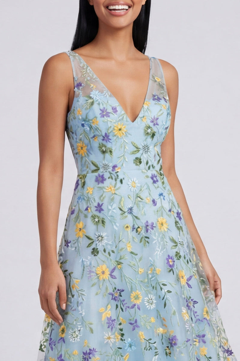 Load image into Gallery viewer, Blue Flower V-Neck A Line Maxi Formal Dress