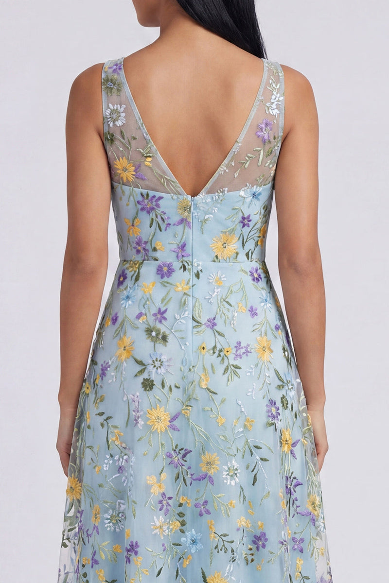 Load image into Gallery viewer, Blue Flower V-Neck A Line Maxi Formal Dress