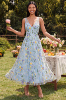 Load image into Gallery viewer, Blue Flower V-Neck A Line Maxi Formal Dress