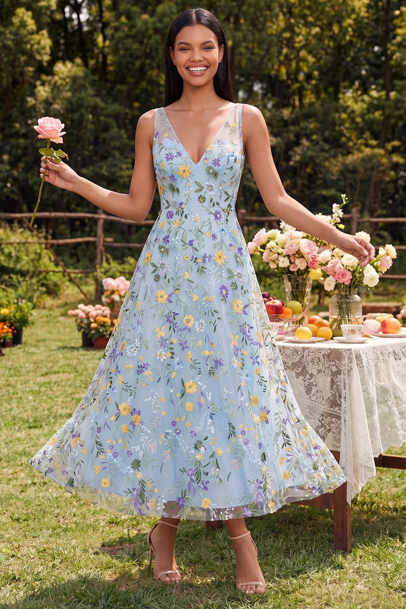 Load image into Gallery viewer, Blue Flower V-Neck A Line Maxi Formal Dress