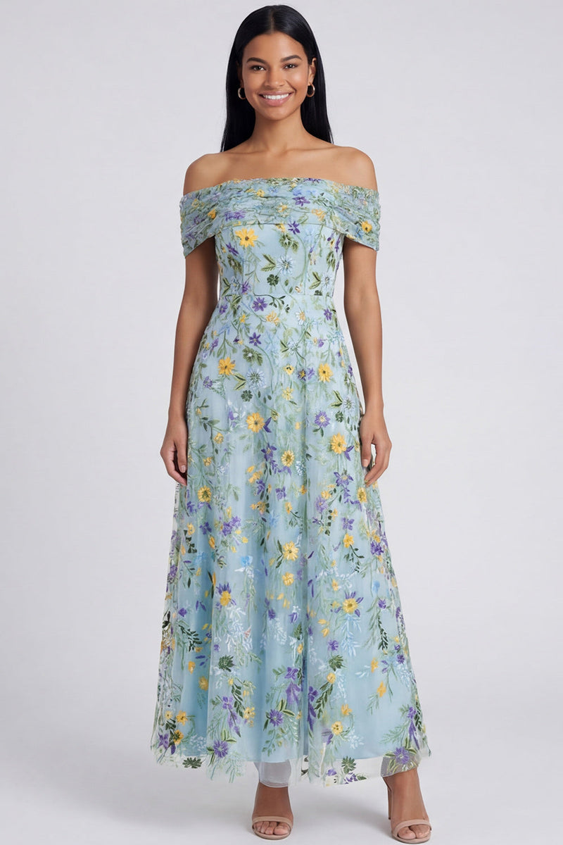 Load image into Gallery viewer, Blue Flower Off the Shoulder A Line Maxi Formal Dress