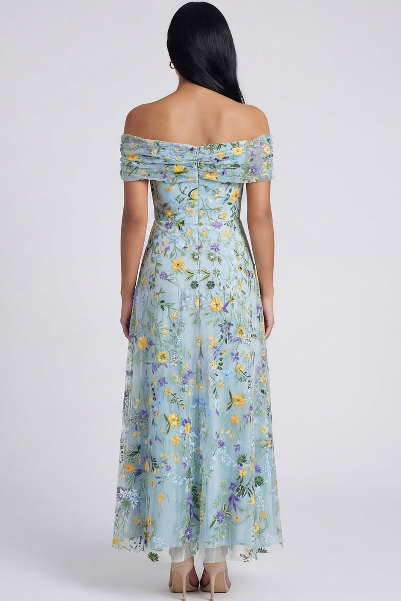 Load image into Gallery viewer, Blue Flower Off the Shoulder A Line Maxi Formal Dress