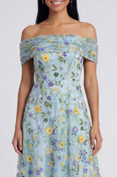 Load image into Gallery viewer, Blue Flower Off the Shoulder A Line Maxi Formal Dress