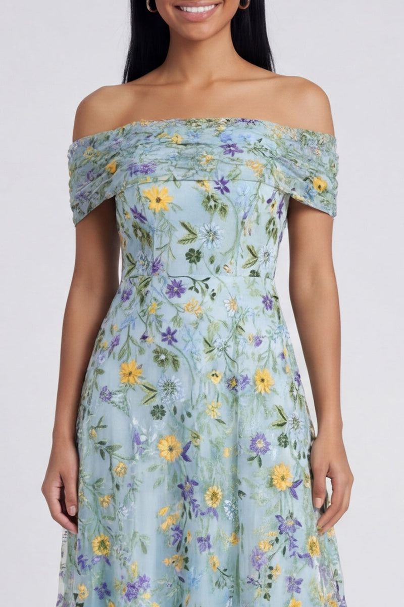 Load image into Gallery viewer, Blue Flower Off the Shoulder A Line Maxi Formal Dress