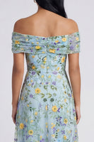 Load image into Gallery viewer, Blue Flower Off the Shoulder A Line Maxi Formal Dress