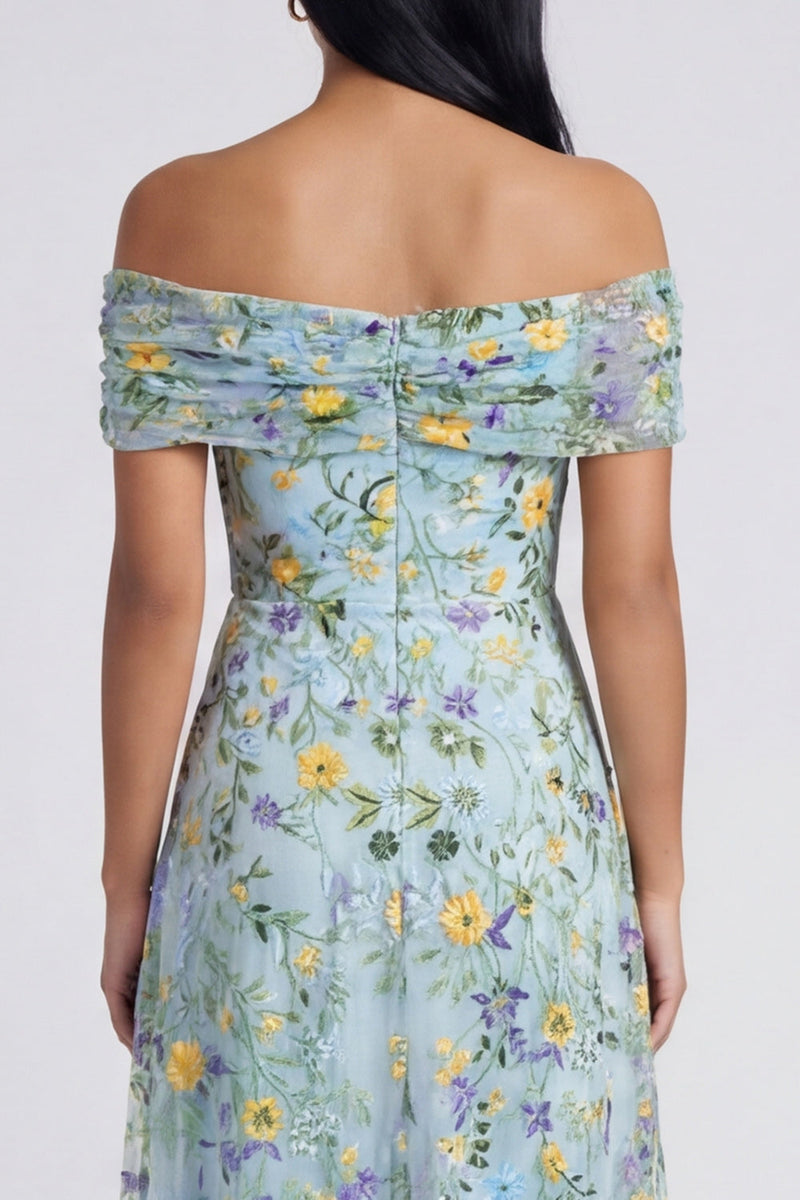 Load image into Gallery viewer, Blue Flower Off the Shoulder A Line Maxi Formal Dress