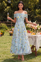 Load image into Gallery viewer, Blue Flower Off the Shoulder A Line Maxi Formal Dress