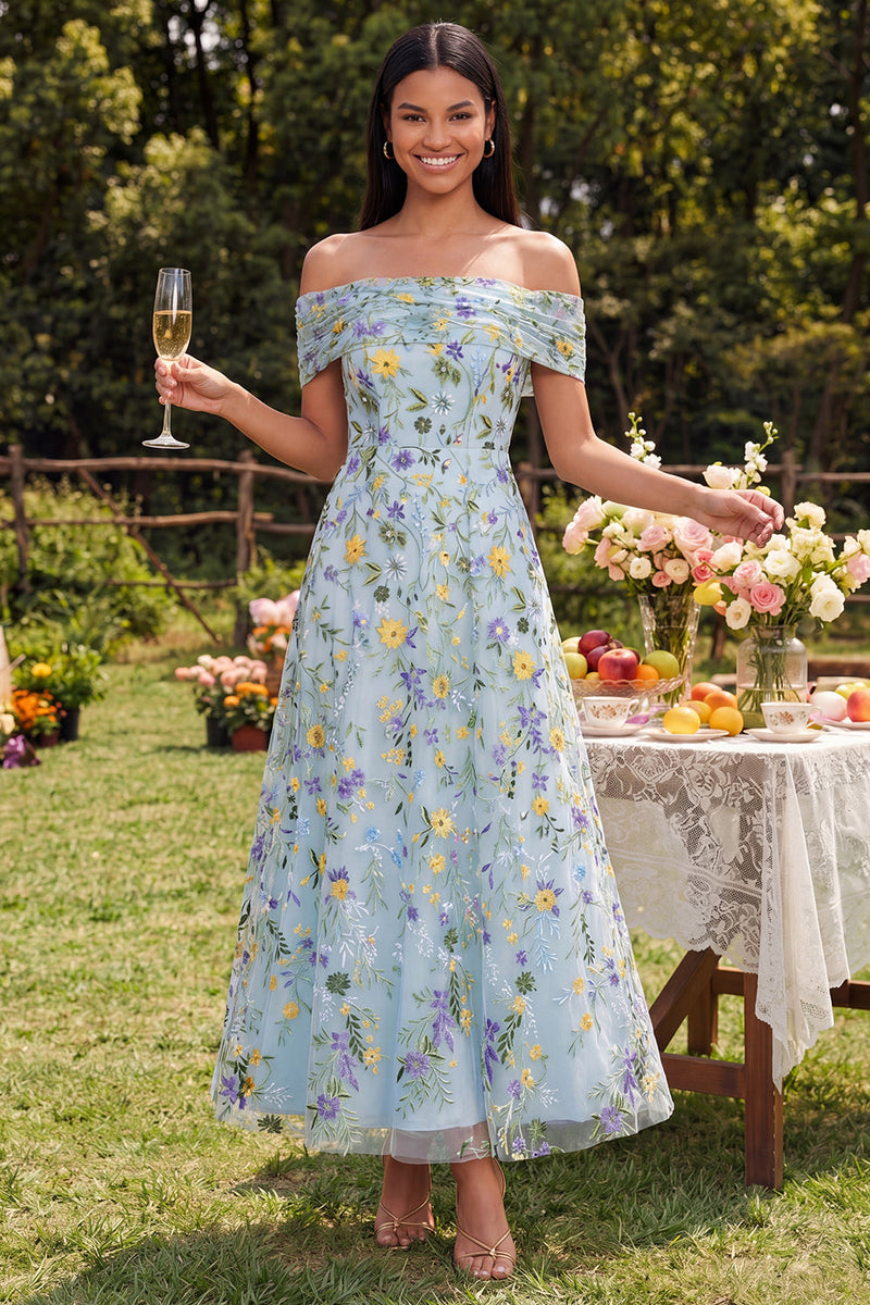 Load image into Gallery viewer, Blue Flower Off the Shoulder A Line Maxi Formal Dress