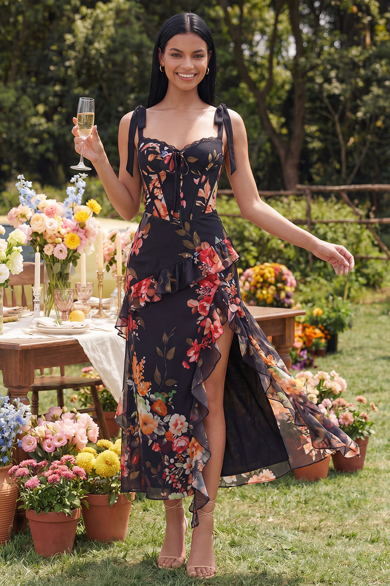 Load image into Gallery viewer, Ivory Floral Sheath Ruffled Long Corset Formal Dress with Bows
