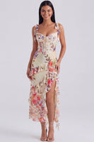 Load image into Gallery viewer, Ivory Floral Sheath Ruffled Long Corset Formal Dress with Bows