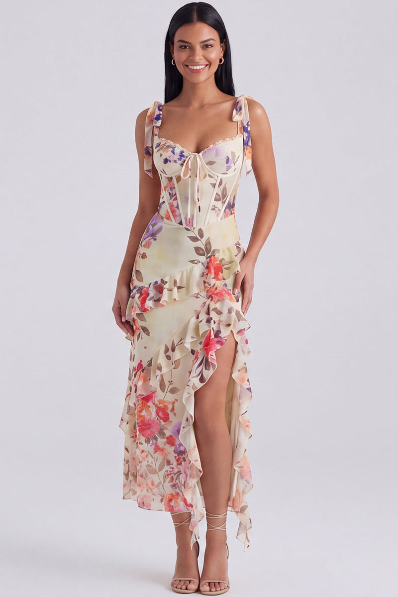 Load image into Gallery viewer, Ivory Floral Sheath Ruffled Long Corset Formal Dress with Bows