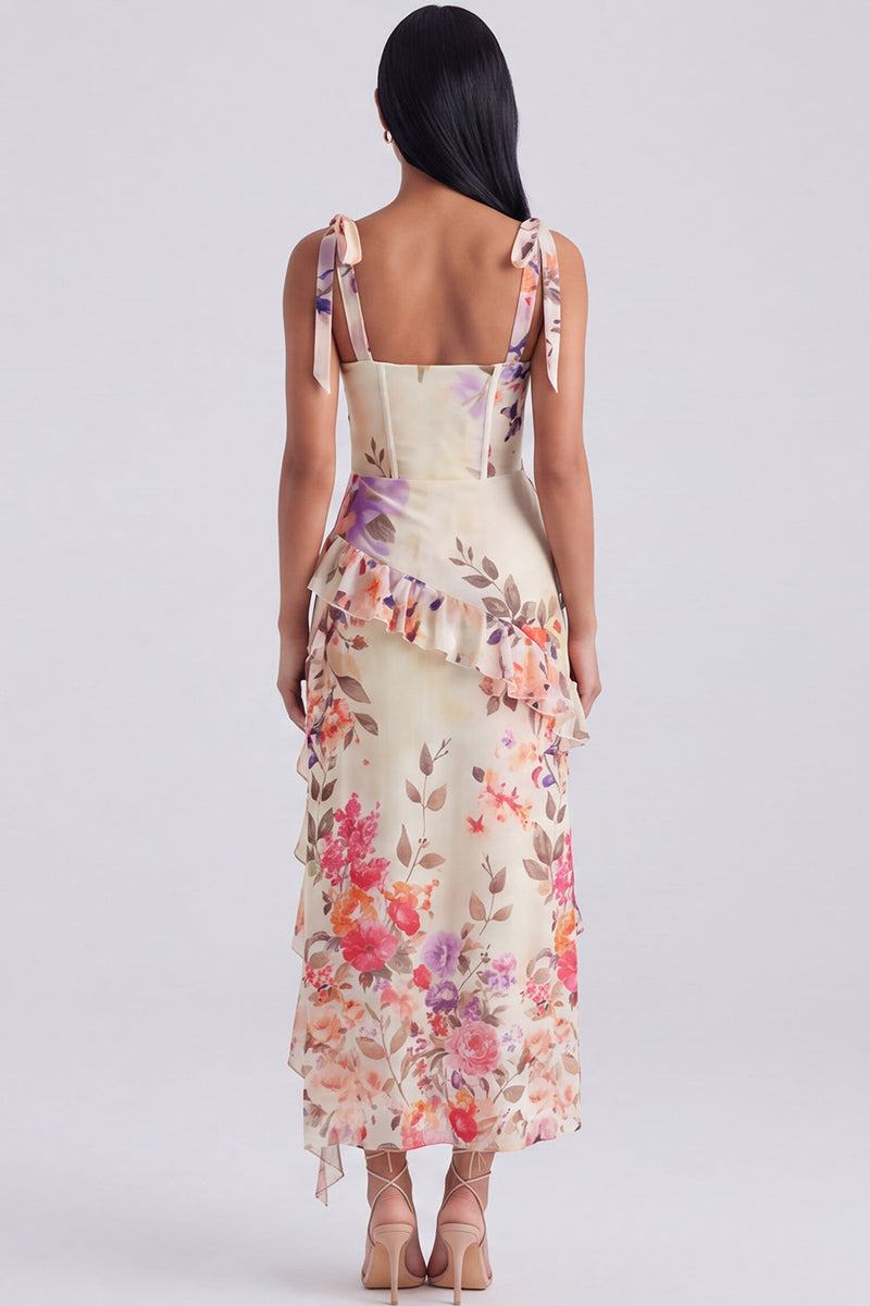 Load image into Gallery viewer, Ivory Floral Sheath Ruffled Long Corset Formal Dress with Bows