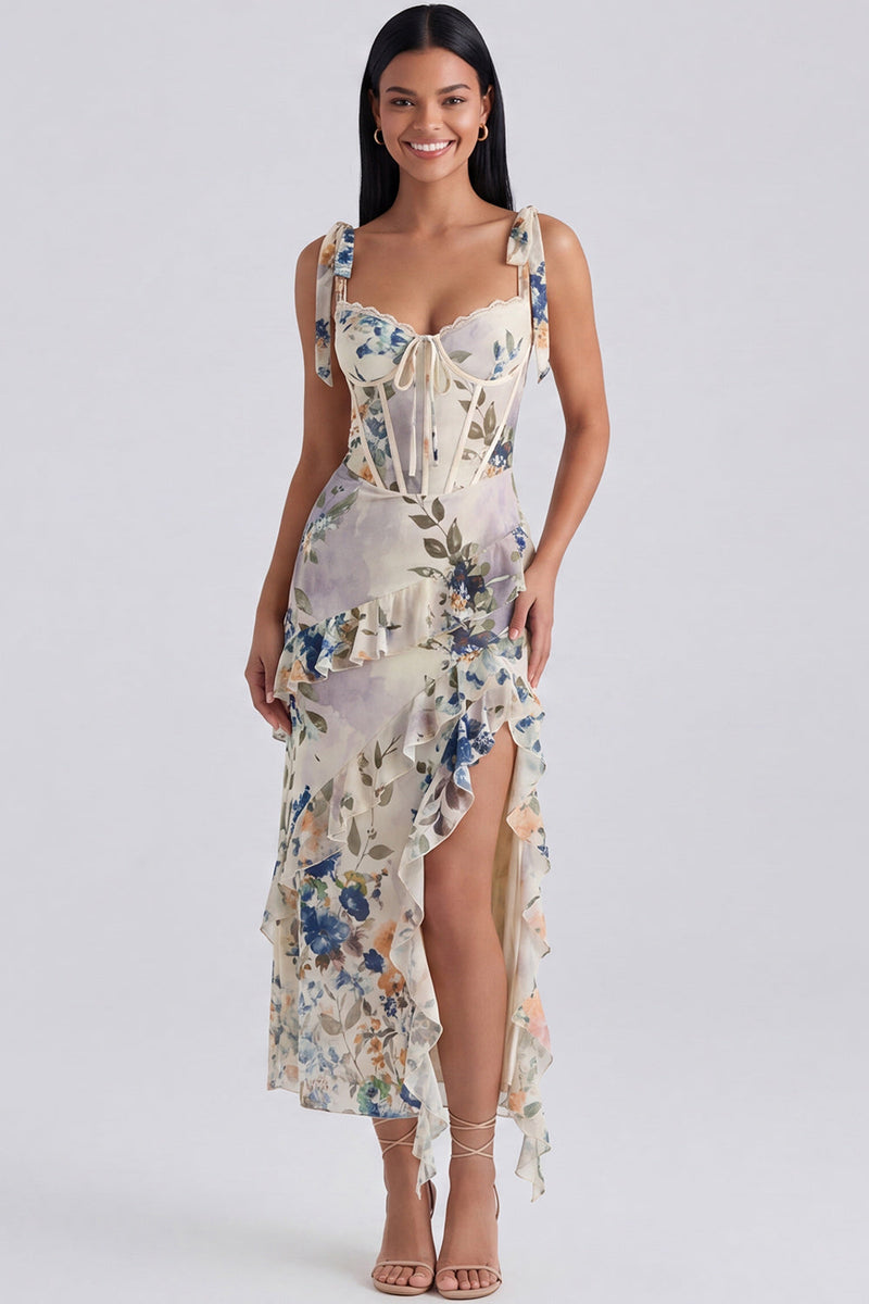 Load image into Gallery viewer, Ivory Floral Sheath Ruffled Long Corset Formal Dress with Bows