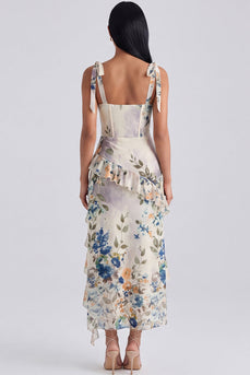 Ivory Floral Sheath Ruffled Long Corset Formal Dress with Bows