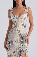 Load image into Gallery viewer, Ivory Floral Sheath Ruffled Long Corset Formal Dress with Bows