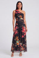 Load image into Gallery viewer, Ivory Floral One Shoulder A Line Ruched Long Formal Dress