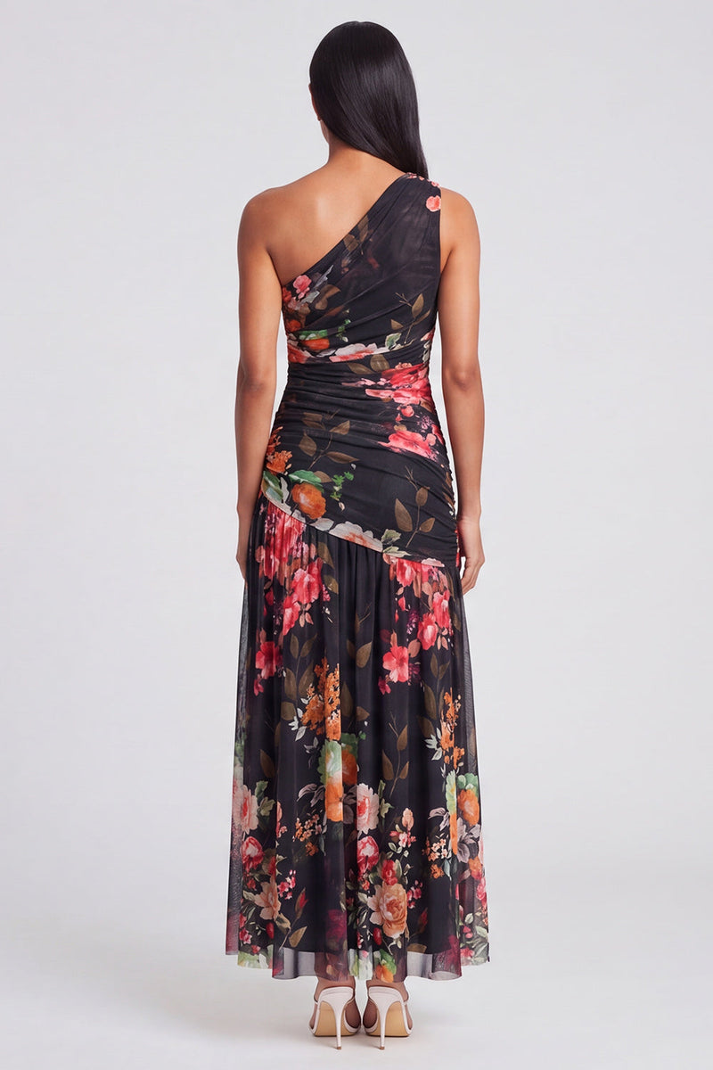 Load image into Gallery viewer, Ivory Floral One Shoulder A Line Ruched Long Formal Dress