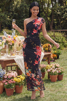 Load image into Gallery viewer, Ivory Floral One Shoulder A Line Ruched Long Formal Dress