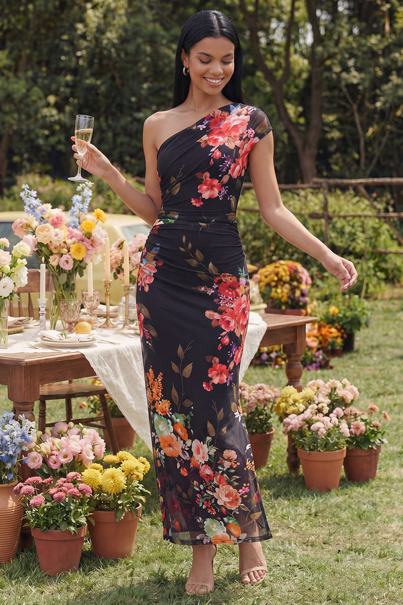 Load image into Gallery viewer, Ivory Floral One Shoulder A Line Ruched Long Formal Dress