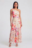 Load image into Gallery viewer, Ivory Floral One Shoulder A Line Ruched Long Formal Dress