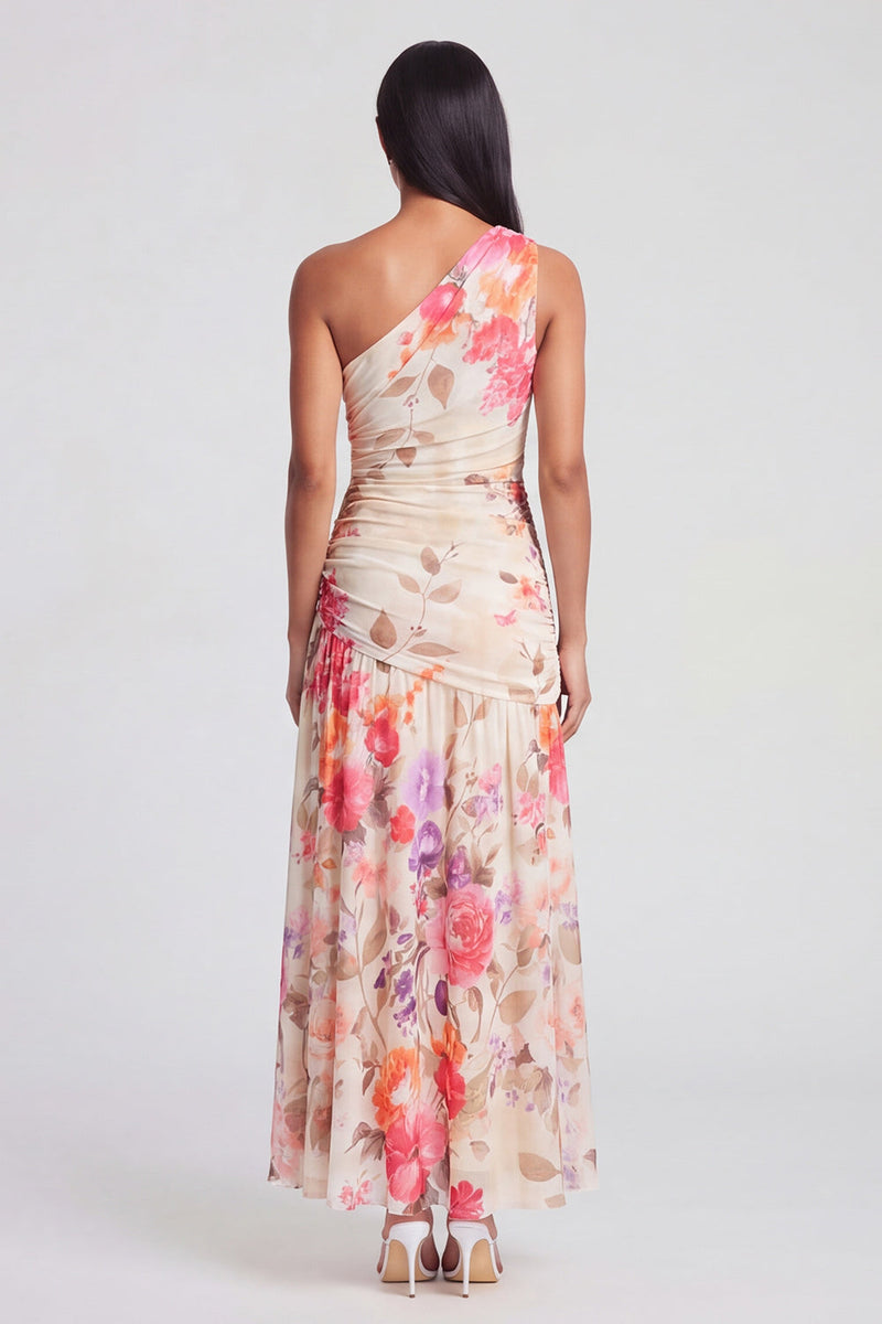 Load image into Gallery viewer, Ivory Floral One Shoulder A Line Ruched Long Formal Dress
