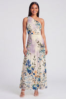 Load image into Gallery viewer, Ivory Floral One Shoulder A Line Ruched Long Formal Dress