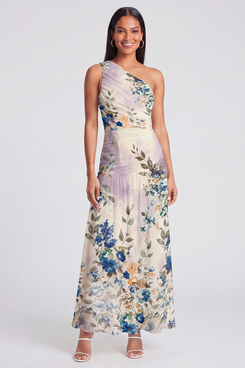 Load image into Gallery viewer, Ivory Floral One Shoulder A Line Ruched Long Formal Dress