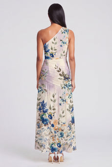 Ivory Floral One Shoulder A Line Ruched Long Formal Dress