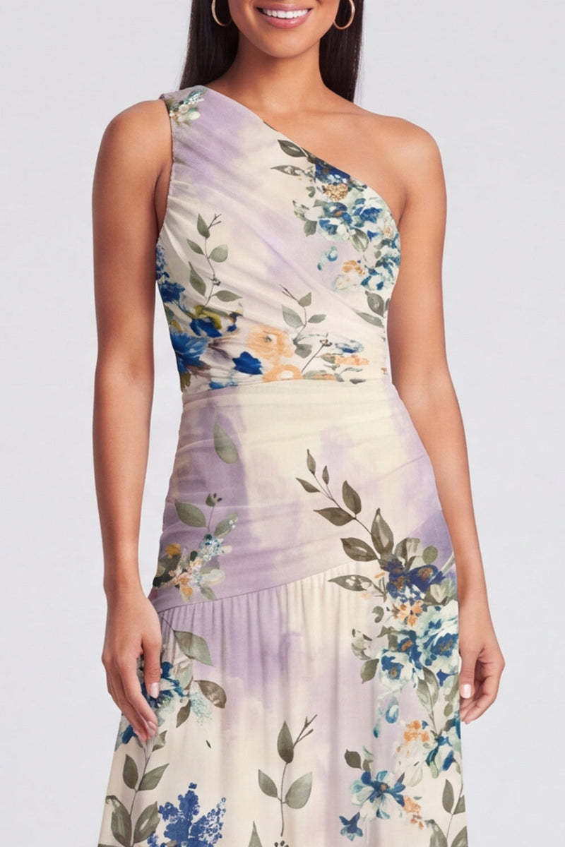 Load image into Gallery viewer, Ivory Floral One Shoulder A Line Ruched Long Formal Dress