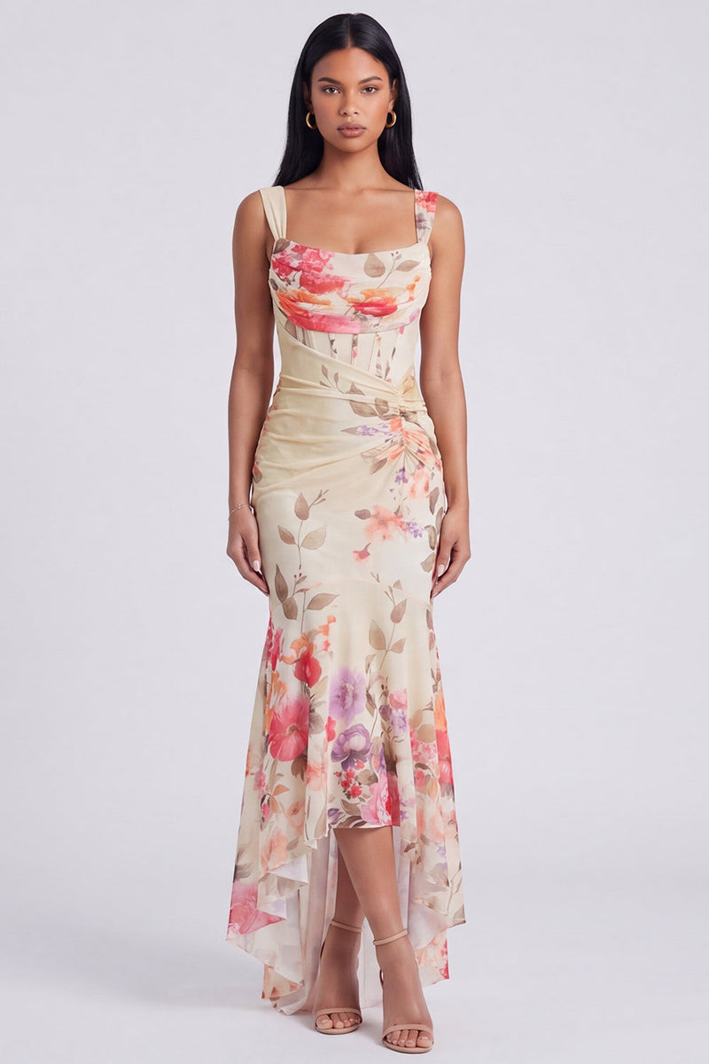 Load image into Gallery viewer, Ivory Floral Mermaid Ruched Long Corset Formal Dress