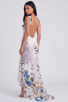 Ivory Floral Mermaid Ruched Long Corset Formal Dress