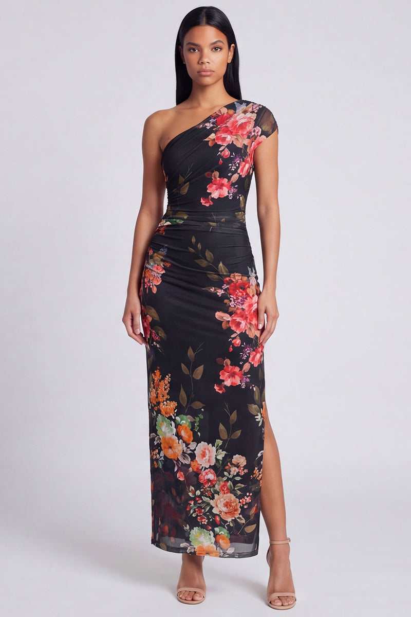 Load image into Gallery viewer, Black Floral Ruched Sheath Long Formal Dress with Slit