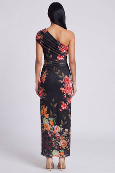 Black Floral Ruched Sheath Long Formal Dress with Slit