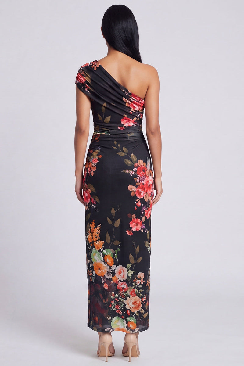 Load image into Gallery viewer, Black Floral Ruched Sheath Long Formal Dress with Slit