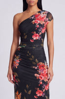 Load image into Gallery viewer, Black Floral Ruched Sheath Long Formal Dress with Slit