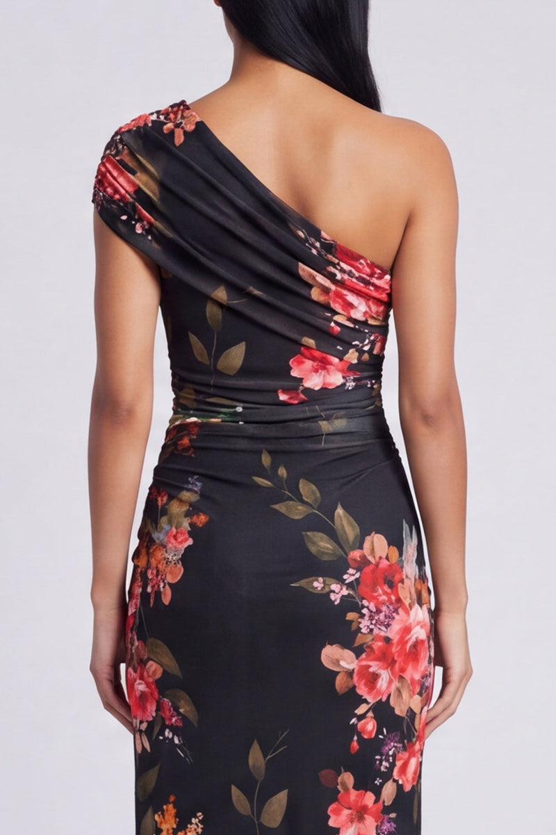 Load image into Gallery viewer, Black Floral Ruched Sheath Long Formal Dress with Slit