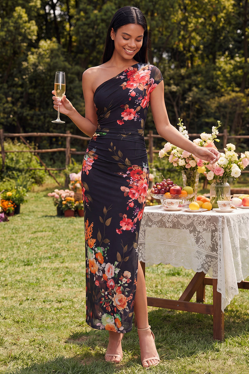 Load image into Gallery viewer, Black Floral Ruched Sheath Long Formal Dress with Slit