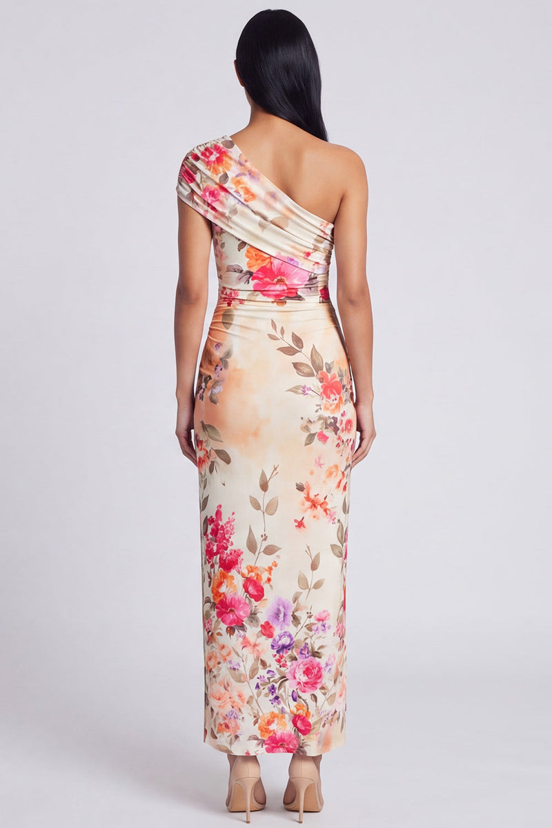 Load image into Gallery viewer, Black Floral Ruched Sheath Long Formal Dress with Slit