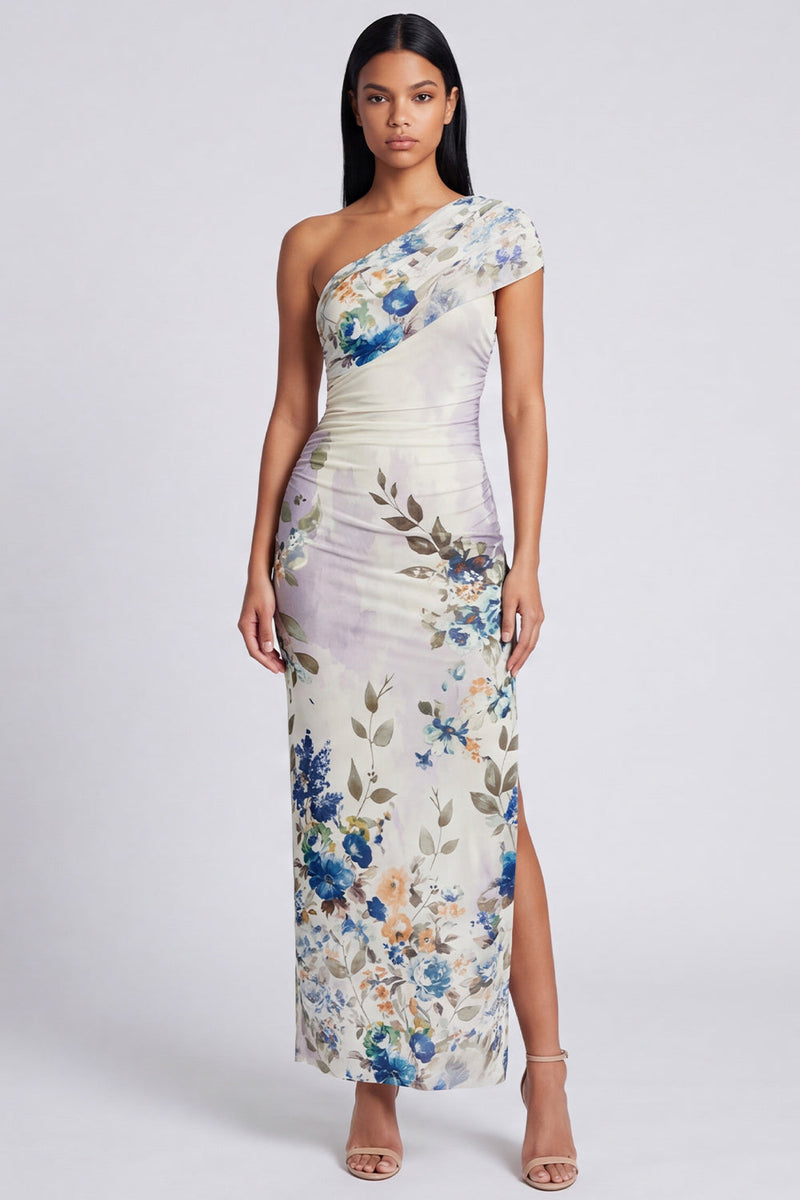 Load image into Gallery viewer, Black Floral Ruched Sheath Long Formal Dress with Slit