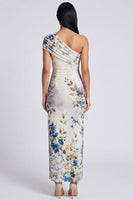 Load image into Gallery viewer, Black Floral Ruched Sheath Long Formal Dress with Slit