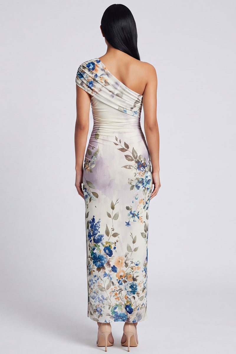 Load image into Gallery viewer, Black Floral Ruched Sheath Long Formal Dress with Slit