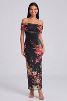 Load image into Gallery viewer, Ivory Floral Off the Shoulder Sheath Ruched Long Formal Dress