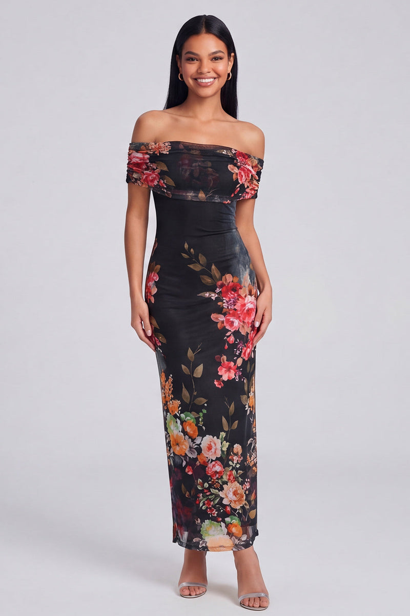 Load image into Gallery viewer, Ivory Floral Off the Shoulder Sheath Ruched Long Formal Dress