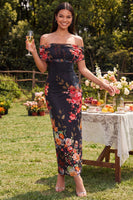 Load image into Gallery viewer, Ivory Floral Off the Shoulder Sheath Ruched Long Formal Dress